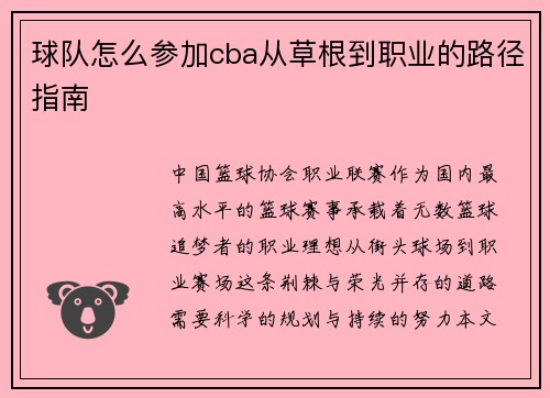 球队怎么参加cba从草根到职业的路径指南